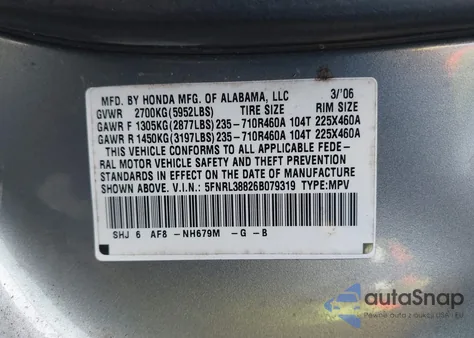2006 Honda Odyssey Touring z USA, uszkodzony, nr VIN 5FNRL38826B079319
